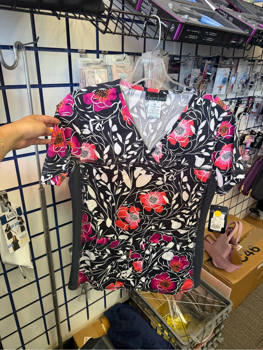 Cherokee Floral V-Neck Scrub Top in Black with Pink & Red Flowers